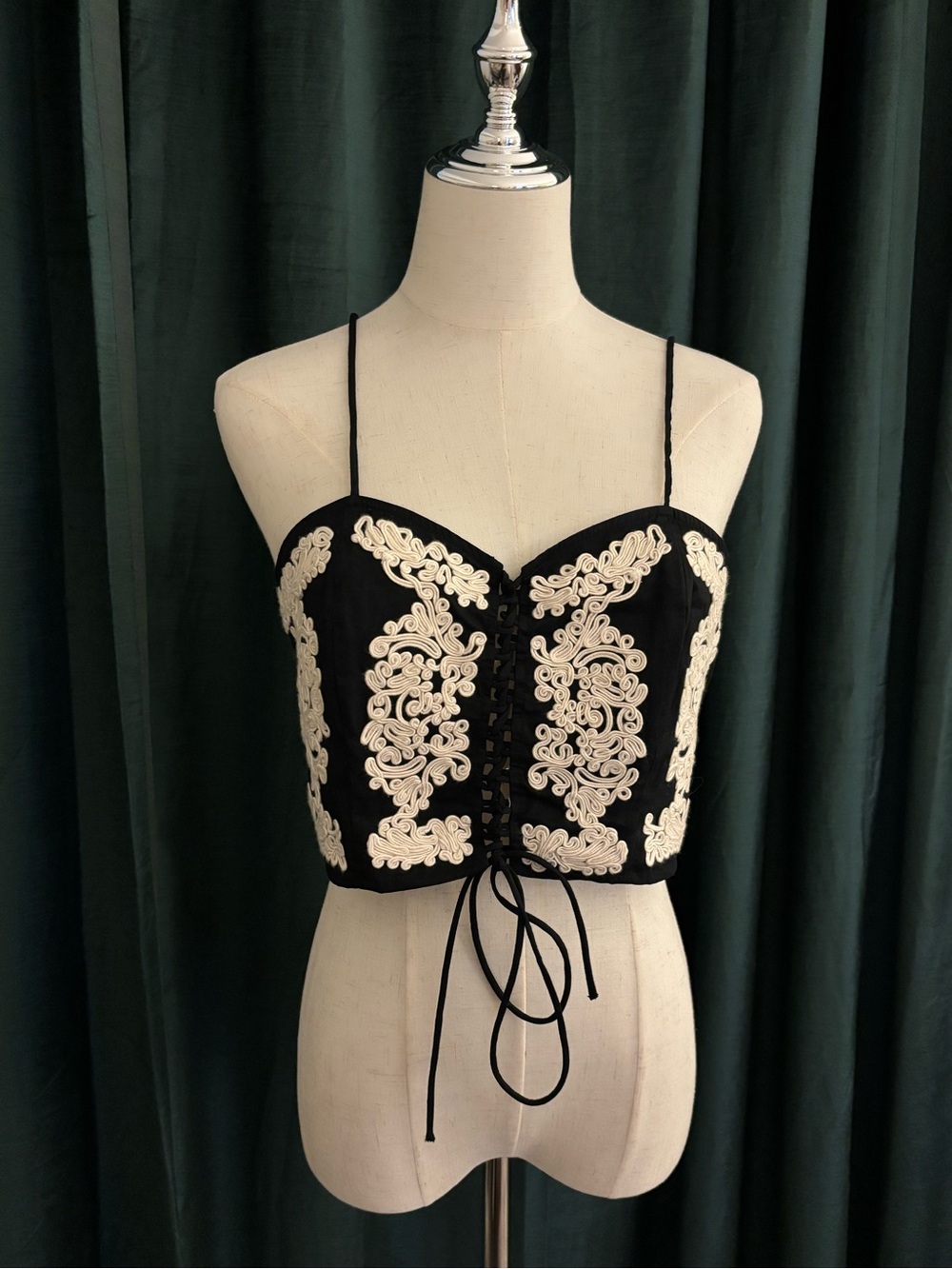 H&M Black Smocked Crop Top with Cream Embroidered Detail